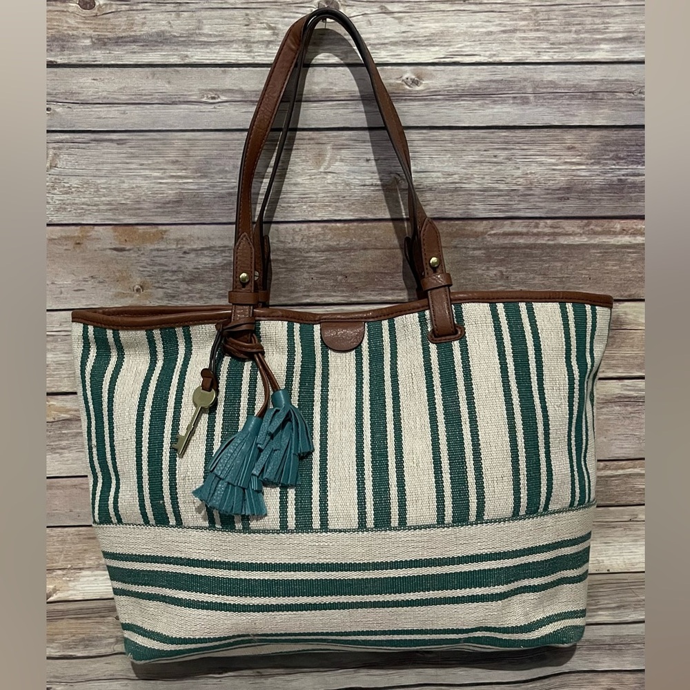 Fossil Rachel Fabric Leather Teal Green Striped Tote